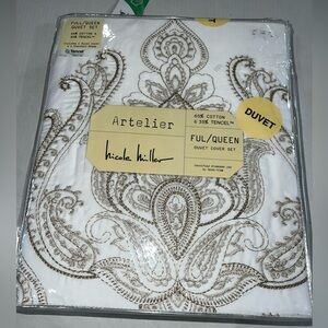 Nicolle miller artellier full/queen duvet set cotton luxury white/gold new.